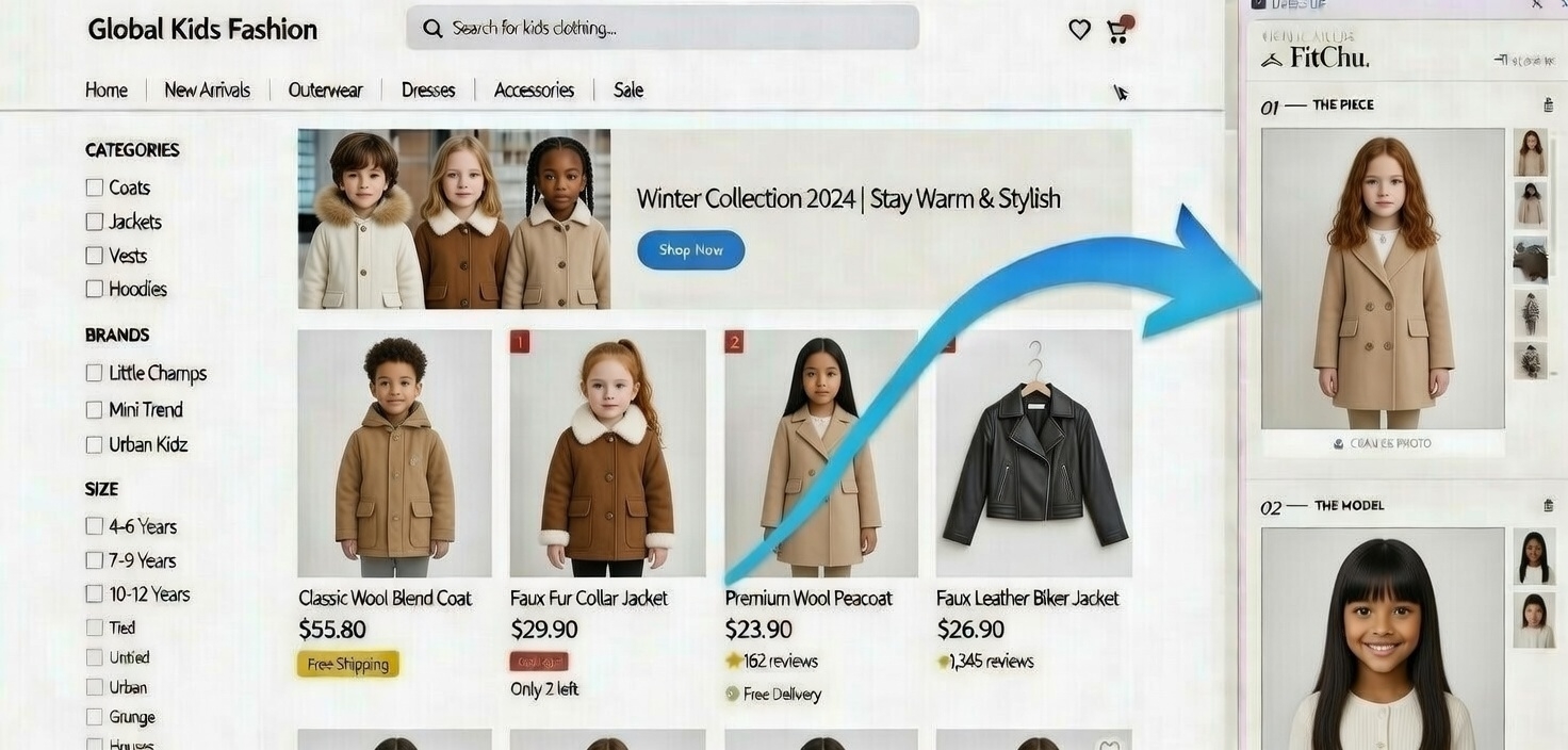 FitChu 크롬 익스텐션 미리보기 - 쇼핑몰에서 행거 버튼으로 가상 피팅하는 화면